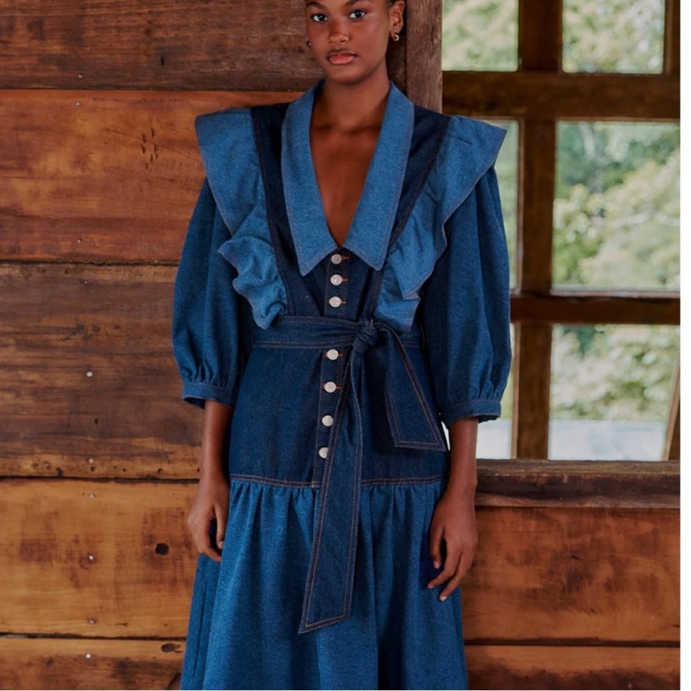 FARM Rio Blue Denim Midi Dress with Ruffle Collar